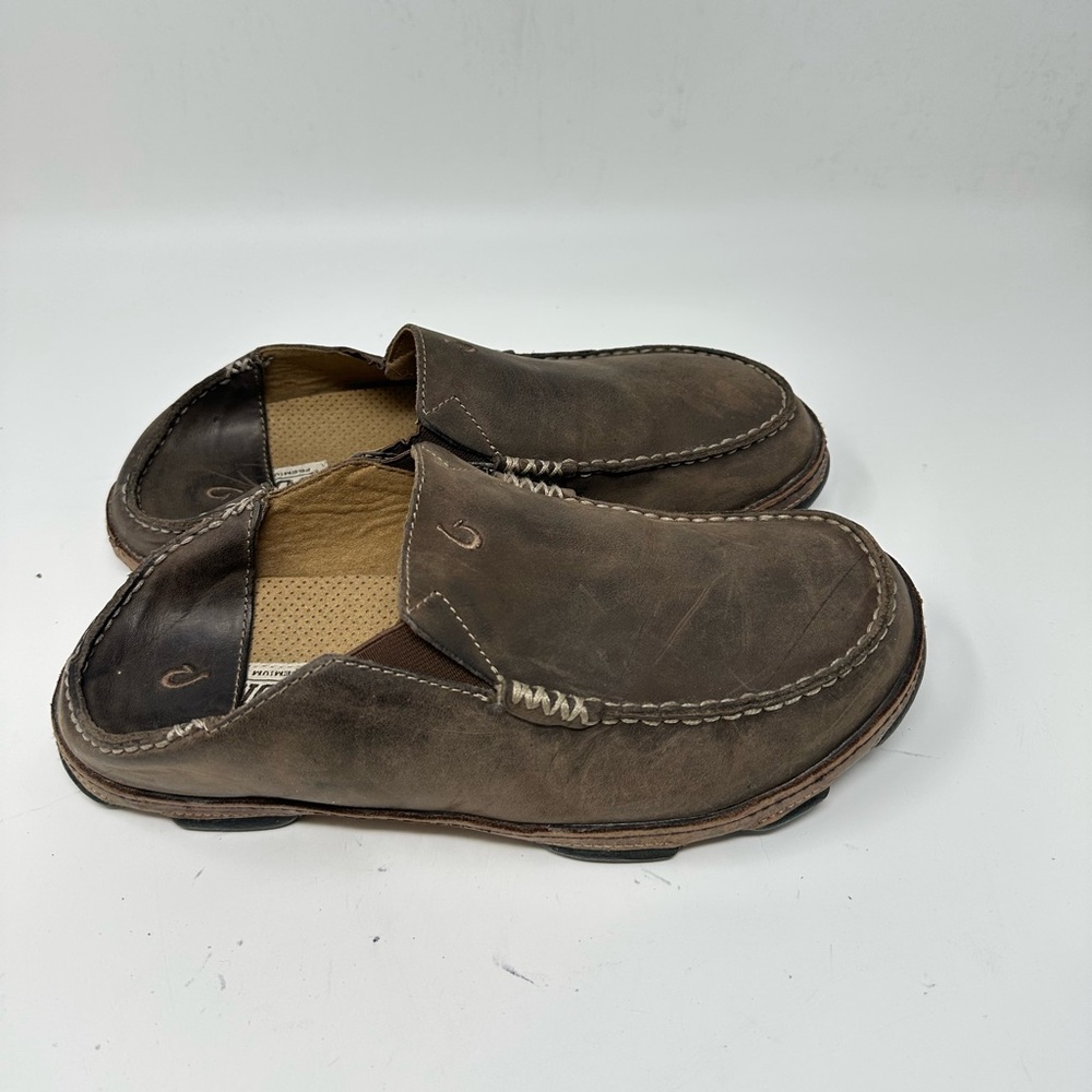 Olukai Moloa Men's Slip On Casual Shoes Brown Leather Loafer Drop In Heel M9.5 - Picture 3 of 13